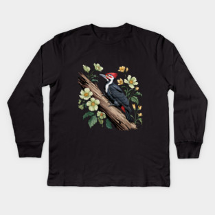 Vintage Pileated Woodpecker with Garden Floral Touch Kids Long Sleeve T-Shirt