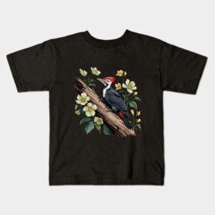 Vintage Pileated Woodpecker with Garden Floral Touch Kids T-Shirt