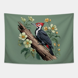 Vintage Pileated Woodpecker with Garden Floral Touch Tapestry