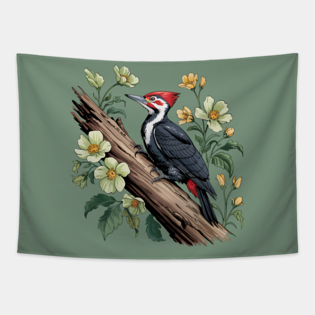 Vintage Pileated Woodpecker with Garden Floral Touch Tapestry by BirdsnStuff