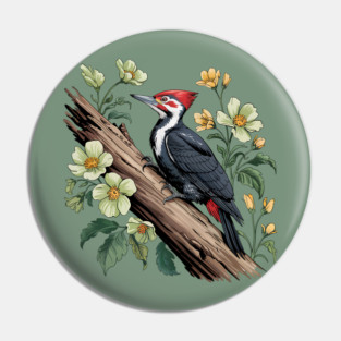 Vintage Pileated Woodpecker with Garden Floral Touch Pin