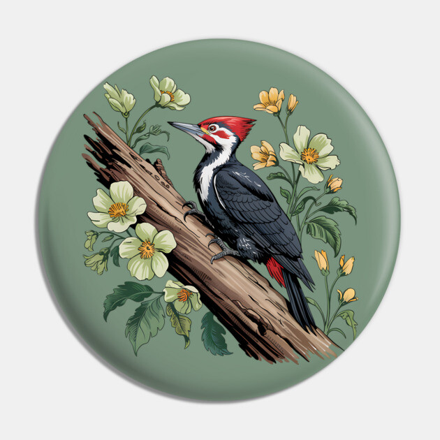 Vintage Pileated Woodpecker with Garden Floral Touch Pin by BirdsnStuff