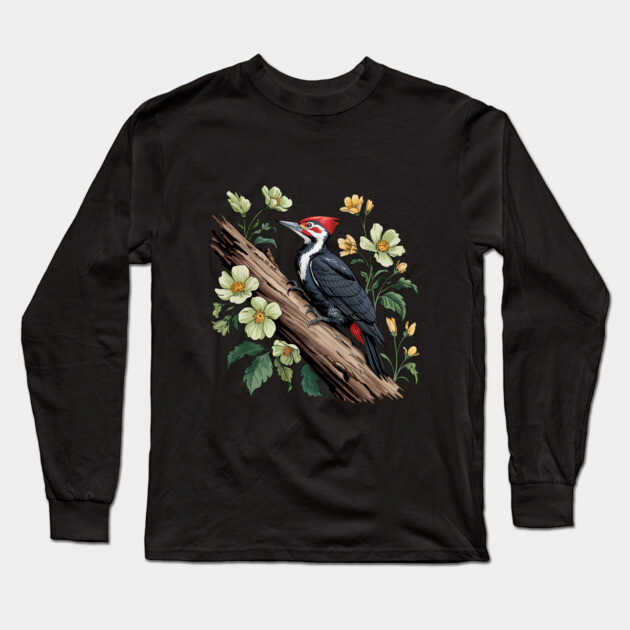 Vintage Pileated Woodpecker with Garden Floral Touch Long Sleeve T-Shirt by BirdsnStuff