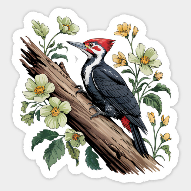 Vintage Pileated Woodpecker with Garden Floral Touch Magnet by BirdsnStuff