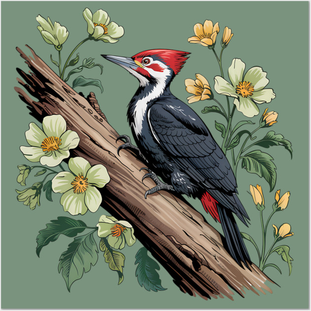 Vintage Pileated Woodpecker with Garden Floral Touch Wall Art by BirdsnStuff