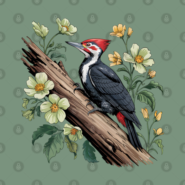 Vintage Pileated Woodpecker with Garden Floral Touch by BirdsnStuff