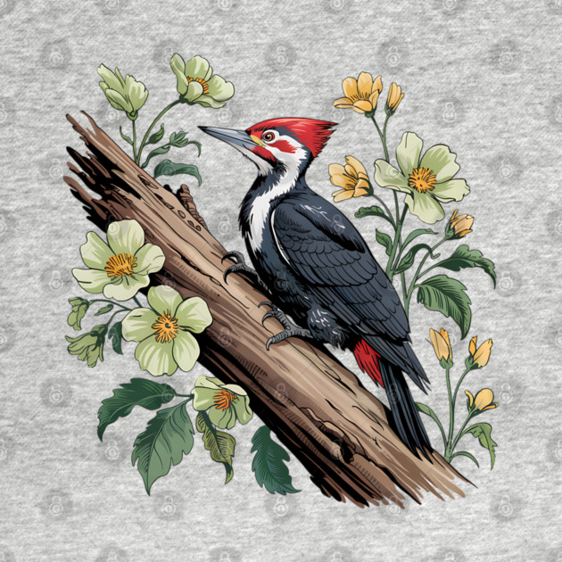 Vintage Pileated Woodpecker with Garden Floral Touch by BirdsnStuff
