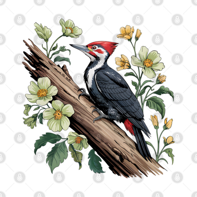 Vintage Pileated Woodpecker with Garden Floral Touch by BirdsnStuff