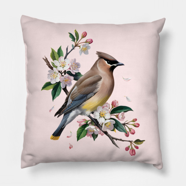 Vintage Cedar Waxwing with Spring Blossoms Pillow by BirdsnStuff