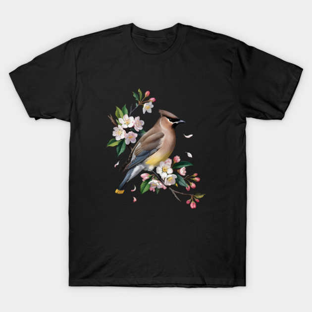 Vintage Cedar Waxwing with Spring Blossoms T-Shirt by BirdsnStuff