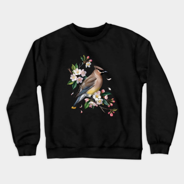Vintage Cedar Waxwing with Spring Blossoms Crewneck Sweatshirt by BirdsnStuff