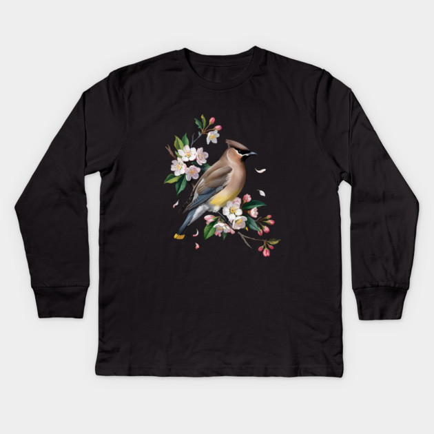 Vintage Cedar Waxwing with Spring Blossoms Kids Long Sleeve T-Shirt by BirdsnStuff