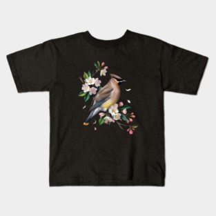 Vintage Cedar Waxwing with Spring Blossoms Kids T-Shirt