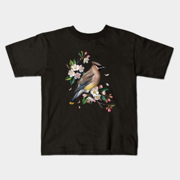 Vintage Cedar Waxwing with Spring Blossoms Kids T-Shirt by BirdsnStuff
