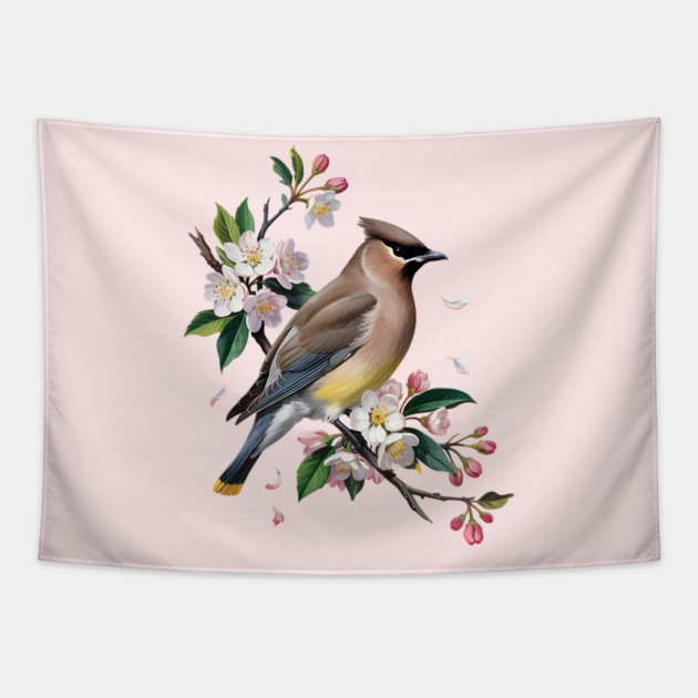 Vintage Cedar Waxwing with Spring Blossoms Tapestry by BirdsnStuff