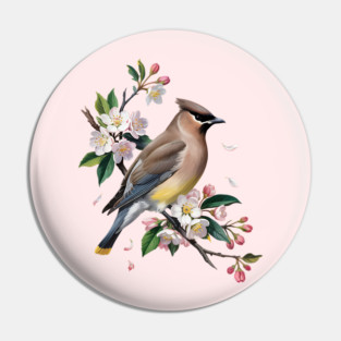 Vintage Cedar Waxwing with Spring Blossoms Pin