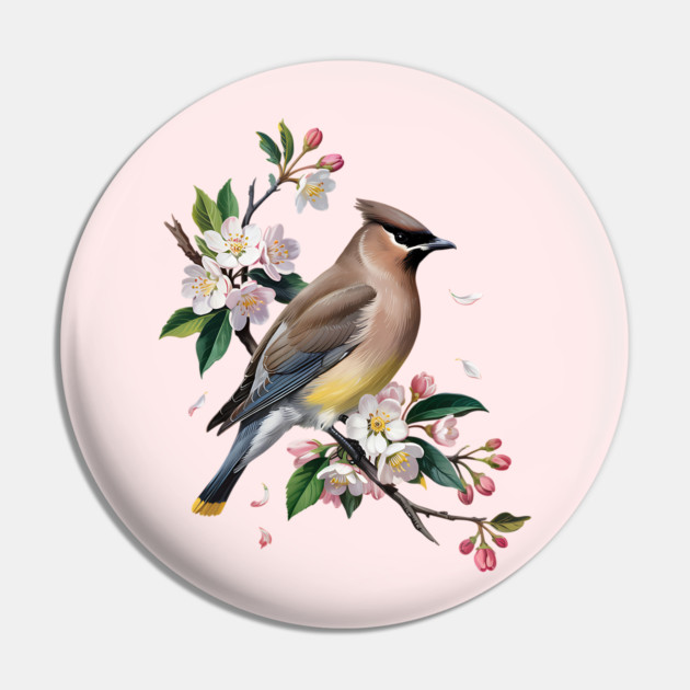 Vintage Cedar Waxwing with Spring Blossoms Pin by BirdsnStuff