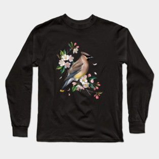 Vintage Cedar Waxwing with Spring Blossoms Long Sleeve T-Shirt