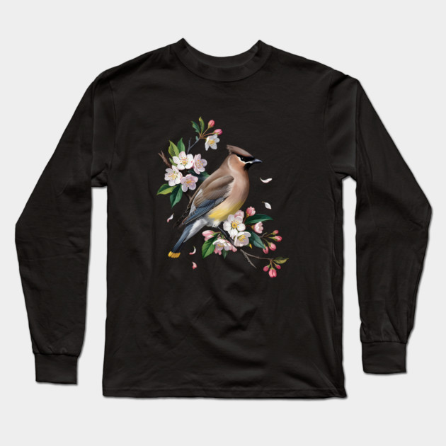 Vintage Cedar Waxwing with Spring Blossoms Long Sleeve T-Shirt by BirdsnStuff