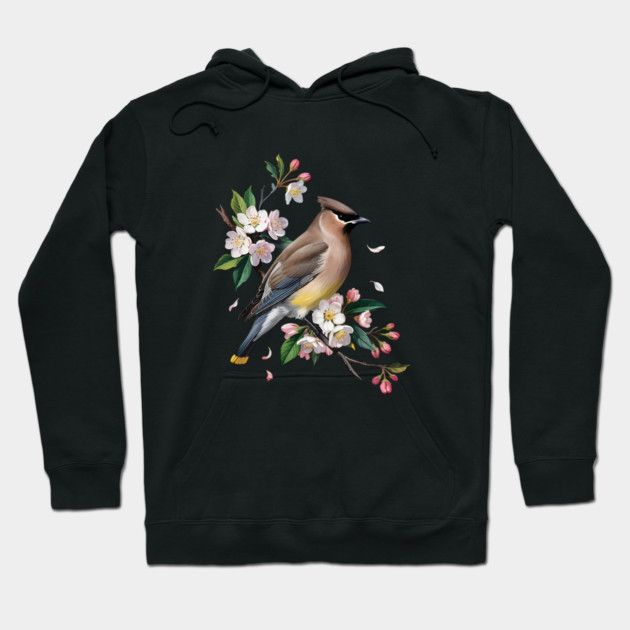 Vintage Cedar Waxwing with Spring Blossoms Hoodie by BirdsnStuff