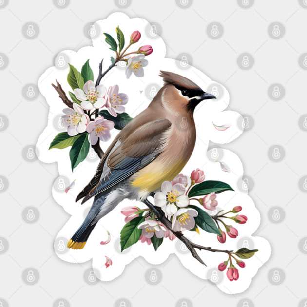 Vintage Cedar Waxwing with Spring Blossoms Sticker by BirdsnStuff