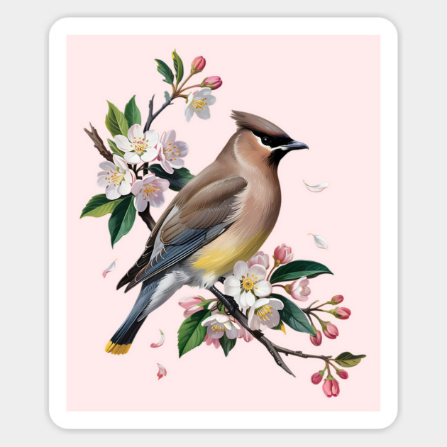 Vintage Cedar Waxwing with Spring Blossoms Magnet by BirdsnStuff