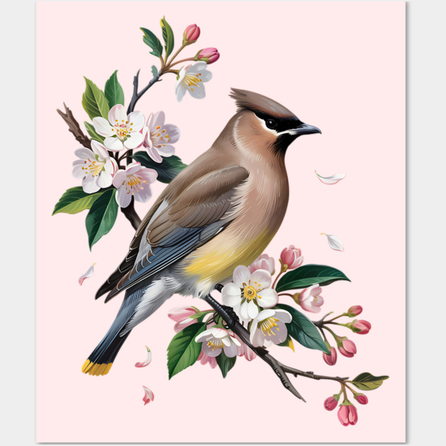 Vintage Cedar Waxwing with Spring Blossoms Wall Art by BirdsnStuff