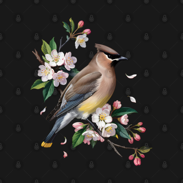 Vintage Cedar Waxwing with Spring Blossoms by BirdsnStuff