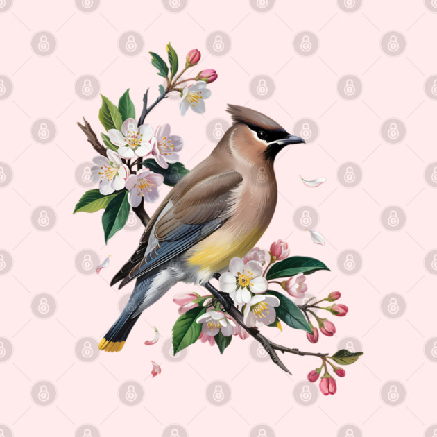 Vintage Cedar Waxwing with Spring Blossoms by BirdsnStuff