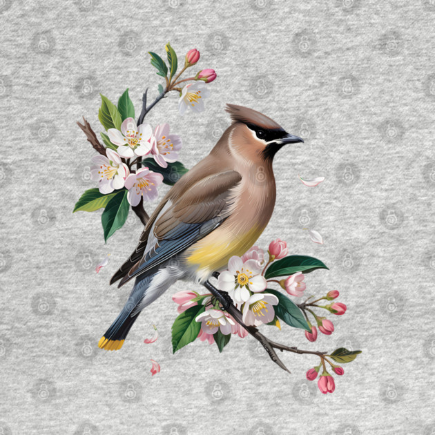Vintage Cedar Waxwing with Spring Blossoms by BirdsnStuff