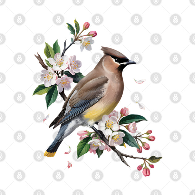 Vintage Cedar Waxwing with Spring Blossoms by BirdsnStuff