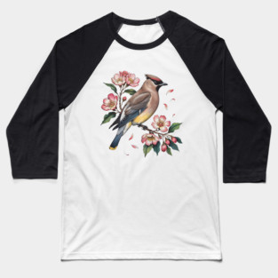 Vintage Cedar Waxwing with Deep Pink Spring Flowers Baseball T-Shirt