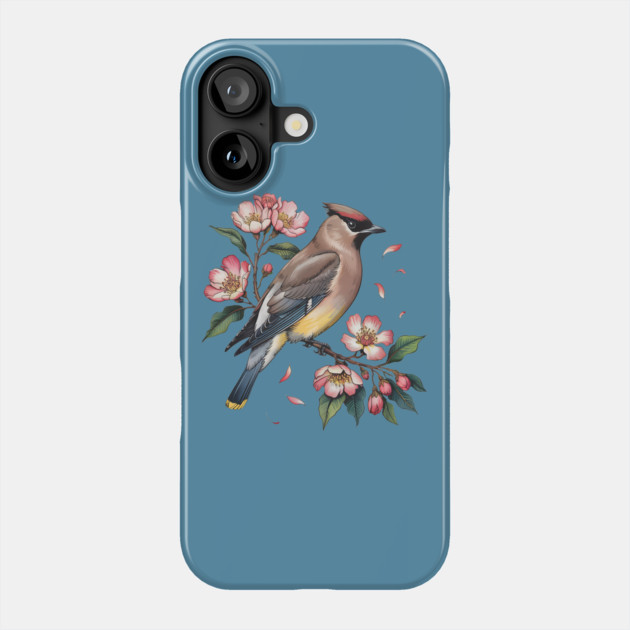 Vintage Cedar Waxwing with Deep Pink Spring Flowers Phone Case by BirdsnStuff
