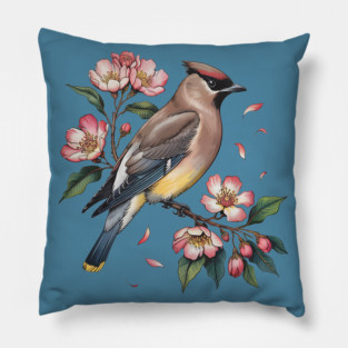 Vintage Cedar Waxwing with Deep Pink Spring Flowers Pillow