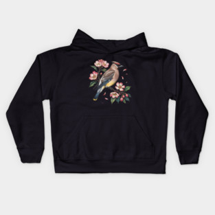 Vintage Cedar Waxwing with Deep Pink Spring Flowers Kids Hoodie