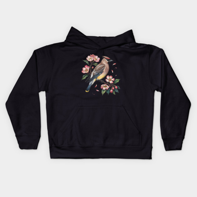 Vintage Cedar Waxwing with Deep Pink Spring Flowers Kids Hoodie by BirdsnStuff