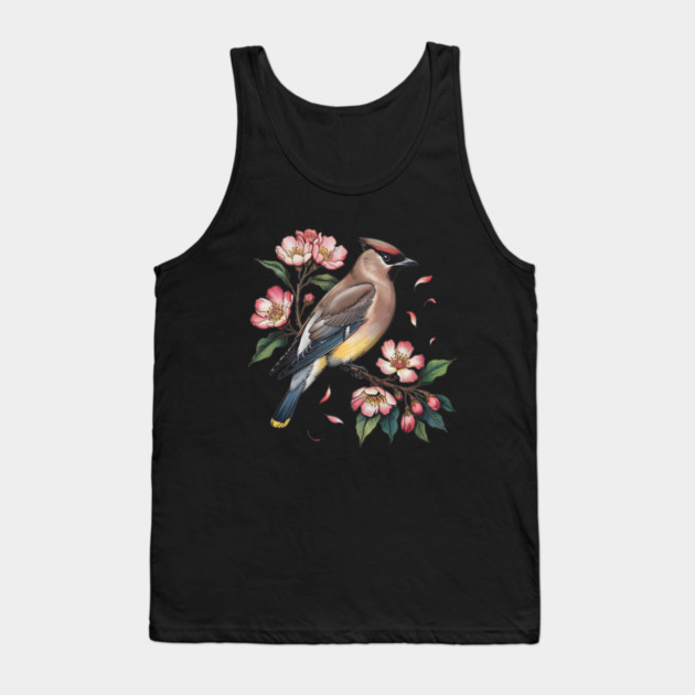 Vintage Cedar Waxwing with Deep Pink Spring Flowers Tank Top by BirdsnStuff