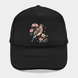 Vintage Cedar Waxwing with Deep Pink Spring Flowers Hat