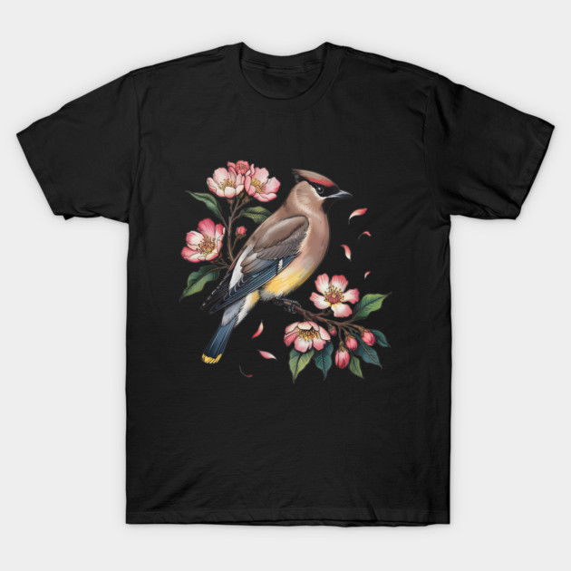 Vintage Cedar Waxwing with Deep Pink Spring Flowers T-Shirt by BirdsnStuff