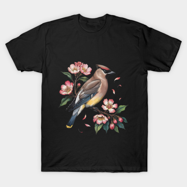 Vintage Cedar Waxwing with Deep Pink Spring Flowers T-Shirt by BirdsnStuff