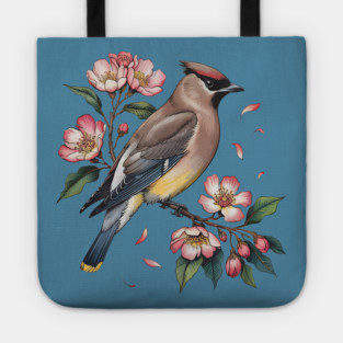 Vintage Cedar Waxwing with Deep Pink Spring Flowers Tote