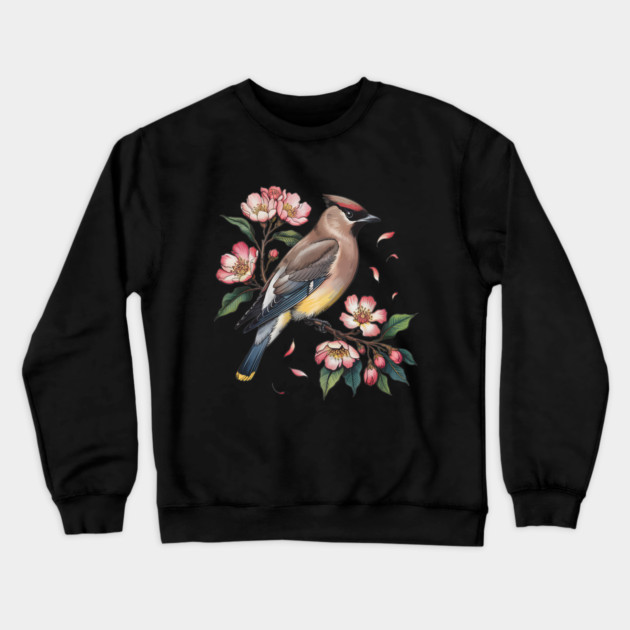 Vintage Cedar Waxwing with Deep Pink Spring Flowers Crewneck Sweatshirt by BirdsnStuff