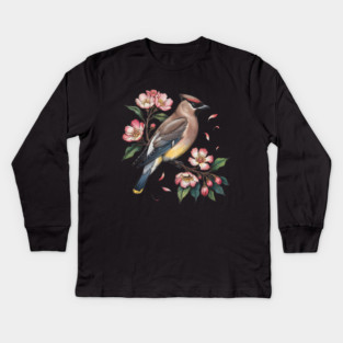 Vintage Cedar Waxwing with Deep Pink Spring Flowers Kids Long Sleeve T-Shirt