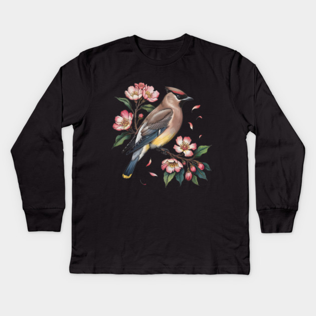 Vintage Cedar Waxwing with Deep Pink Spring Flowers Kids Long Sleeve T-Shirt by BirdsnStuff