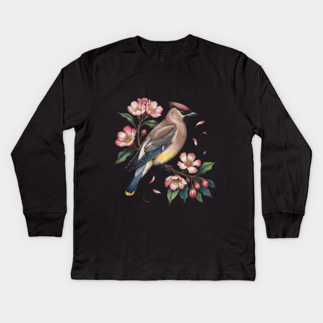 Vintage Cedar Waxwing with Deep Pink Spring Flowers Kids Long Sleeve T-Shirt by BirdsnStuff
