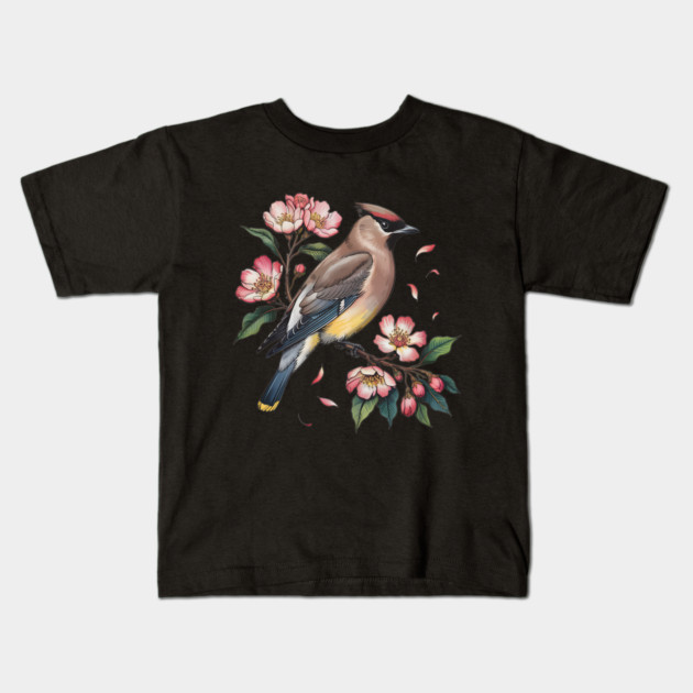 Vintage Cedar Waxwing with Deep Pink Spring Flowers Kids T-Shirt by BirdsnStuff