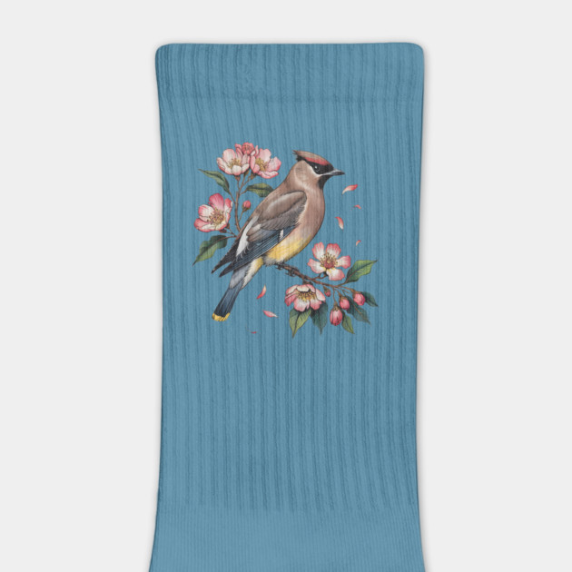 Vintage Cedar Waxwing with Deep Pink Spring Flowers by BirdsnStuff
