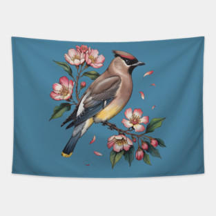 Vintage Cedar Waxwing with Deep Pink Spring Flowers Tapestry