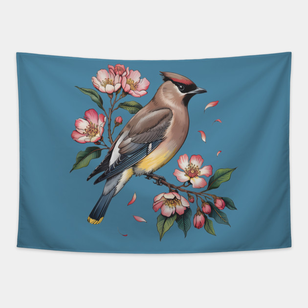 Vintage Cedar Waxwing with Deep Pink Spring Flowers Tapestry by BirdsnStuff