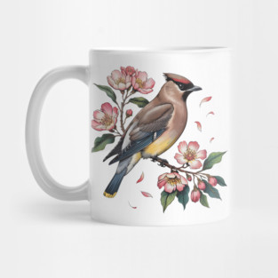 Vintage Cedar Waxwing with Deep Pink Spring Flowers Mug
